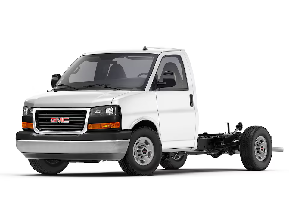 2025 GMC Savana Cutaway parked near service entrance at Anderson Buick GMC of Hunt Valley.