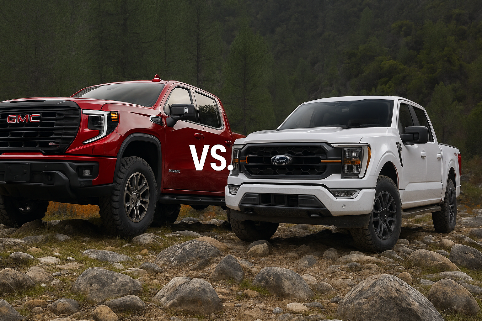 GMC Sierra 1500 AT4X in red next to a white Ford F-150 on rocky terrain.