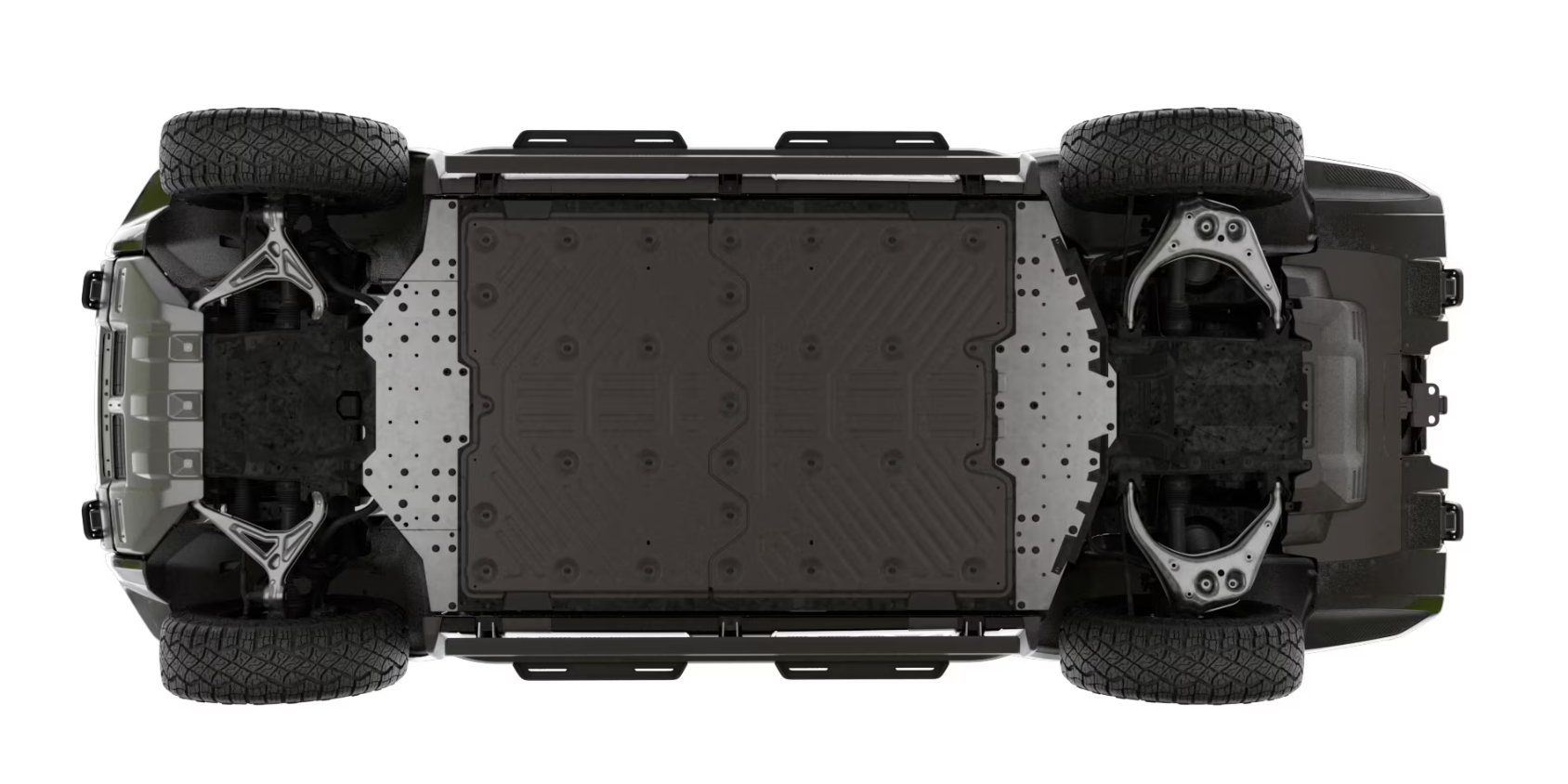 Underside view of Hummer EV highlighting the electric platform and suspension.